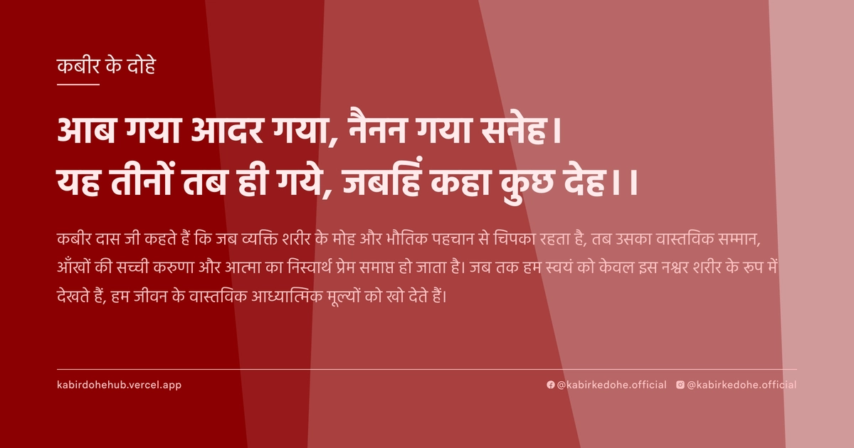 आब गया आदर गया, नैनन गया सनेह। यह तीनों तब ही गये, जबहिं कहा कुछ देह।।
