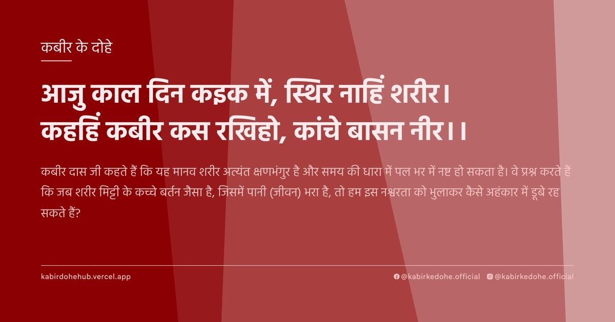 आजु काल दिन कइक में, स्थिर नाहिं शरीर। कहहिं कबीर कस रखिहो, कांचे बासन नीर।।