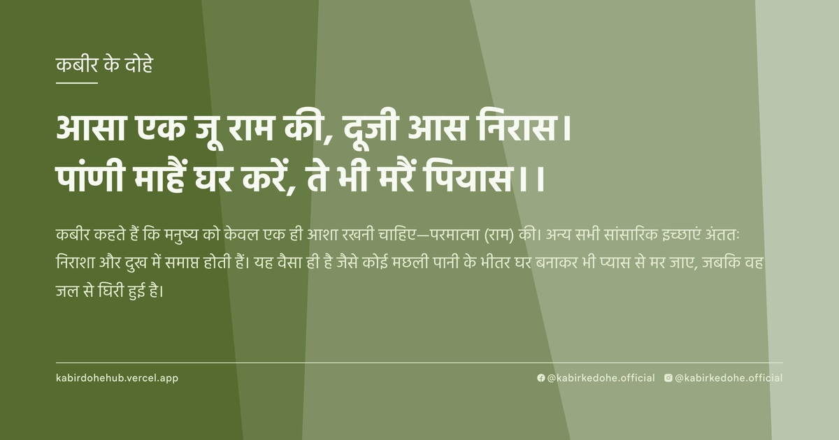 आसा एक जू राम की, दूजी आस निरास। पांणी माहैं घर करें, ते भी मरैं पियास।।