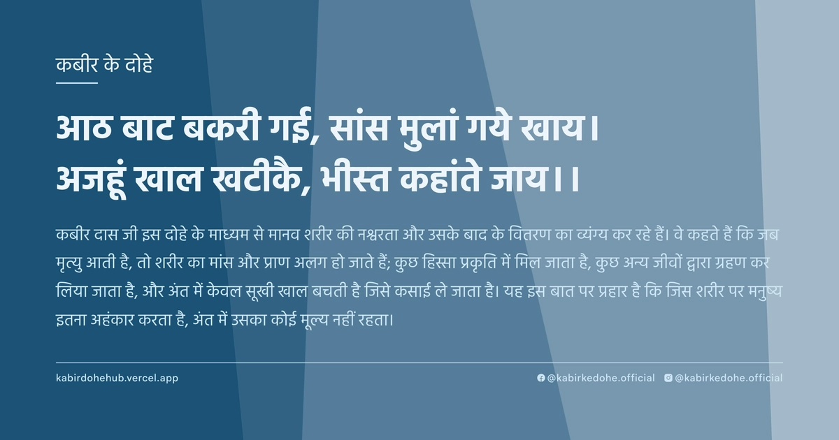 आठ बाट बकरी गई, सांस मुलां गये खाय। अजहूं खाल खटीकै, भीस्त कहांते जाय।।