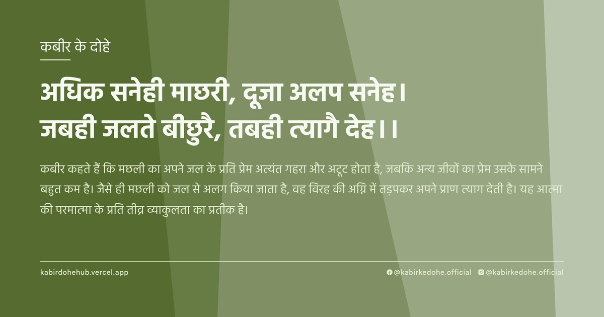 अधिक सनेही माछरी, दूजा अलप सनेह। जबही जलते बीछुरै, तबही त्‍यागै देह।।