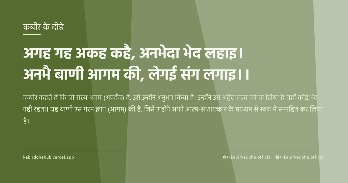 अगह गह अकह कहै, अनभेदा भेद लहाइ। अनभै बाणी आगम की, लेगई संग लगाइ।।