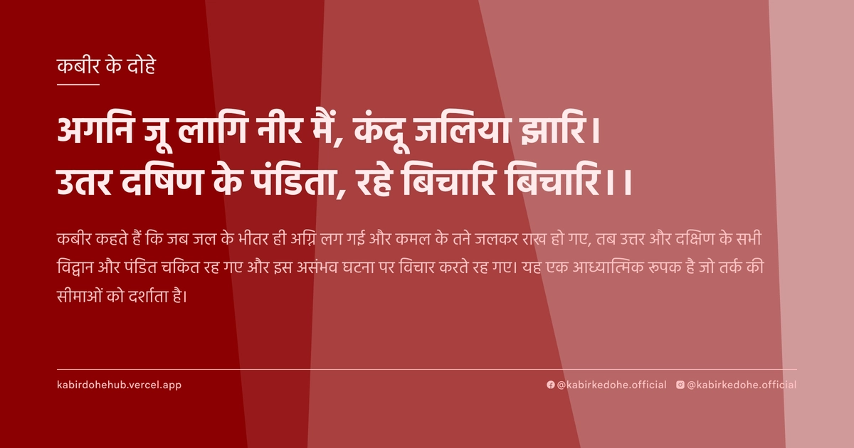 अगनि जू लागि नीर मैं, कंदू जलिया झारि। उतर दषिण के पंडिता, रहे बिचारि बिचारि।।