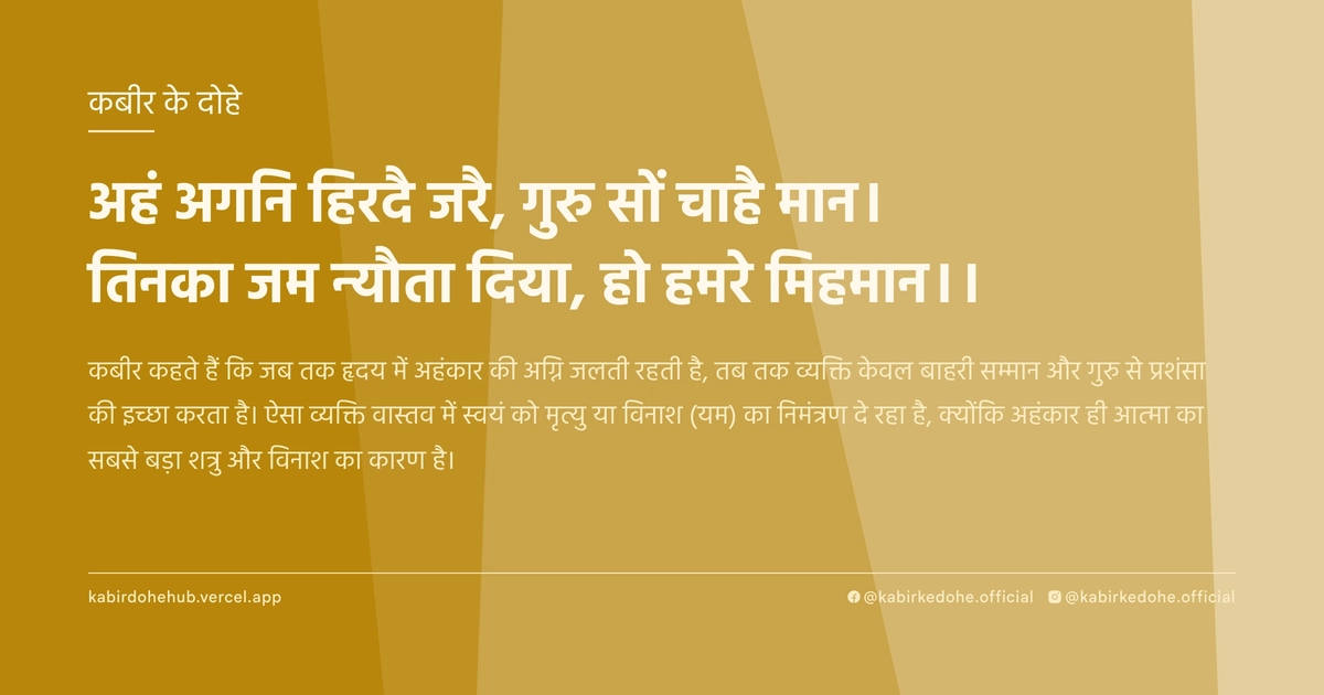 अहं अगनि हिरदै जरै, गुरु सों चाहै मान। तिनका जम न्‍यौता दिया, हो हमरे मिहमान।।