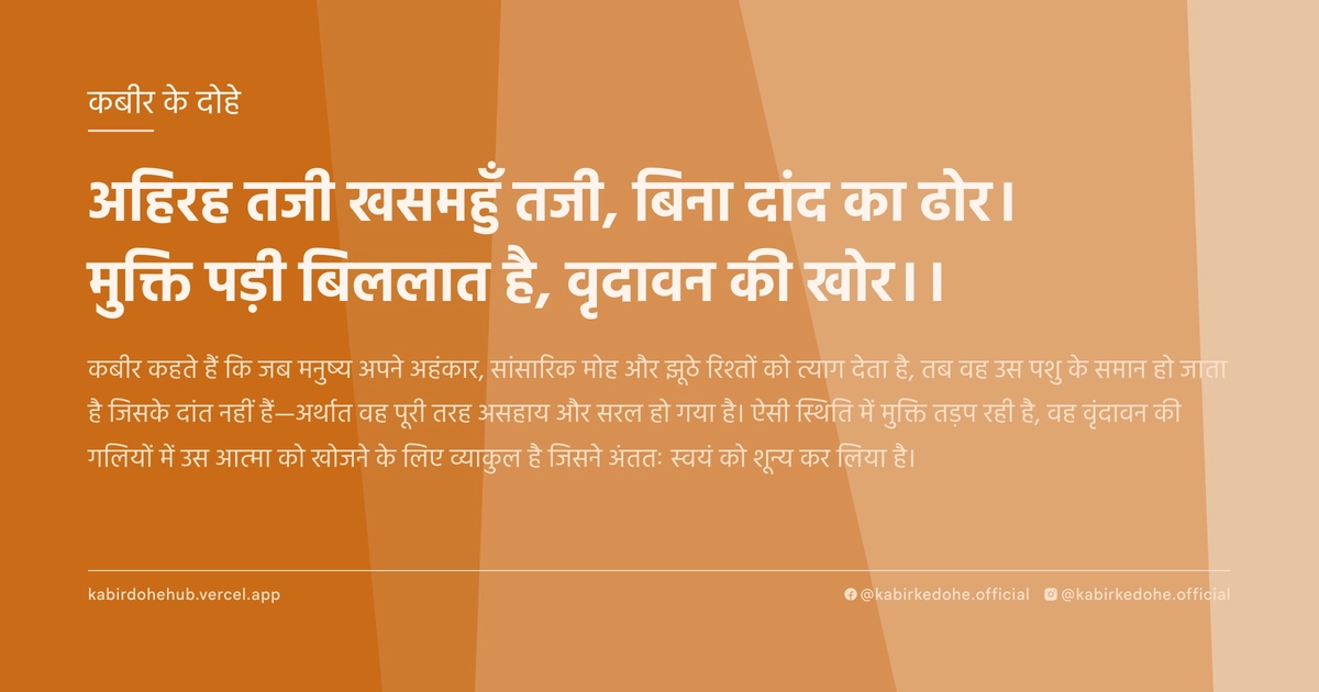 अहिरह तजी खसमहुँ तजी, बिना दांद का ढोर। मुक्ति पड़ी बिललात है, वृ़दावन की खोर।।