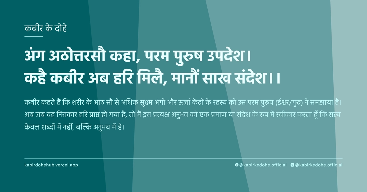 अंग अठोत्तरसौ कहा, परम पुरुष उपदेश। कहै कबीर अब हरि मिलै, मानौं साख संदेश।।