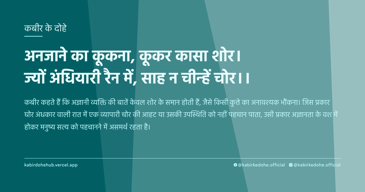 अनजाने का कूकना, कूकर कासा शोर। ज्‍यों अंधियारी रैन में, साह न चीन्‍हें चोर।।