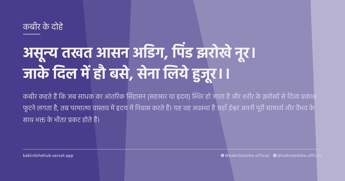 असून्य तखत आसन अडिग, पिंड झरोखे नूर। जाके दिल में हौ बसे, सेना लिये हुजूर।।