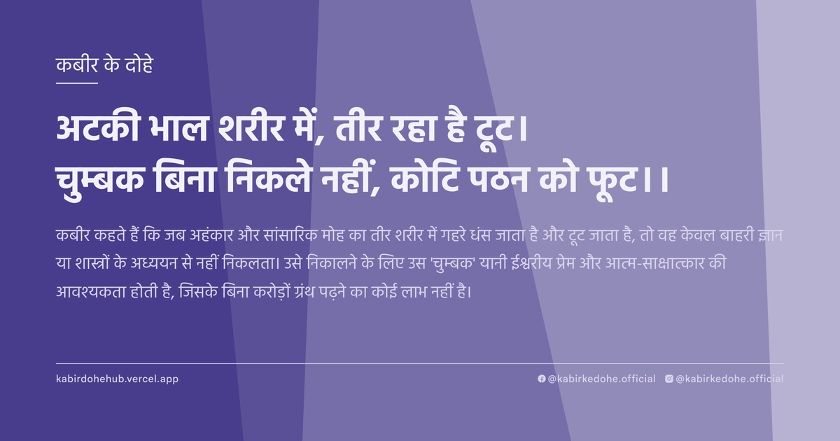 अटकी भाल शरीर में, तीर रहा है टूट। चुम्बक बिना निकले नहीं, कोटि पठन को फूट।।