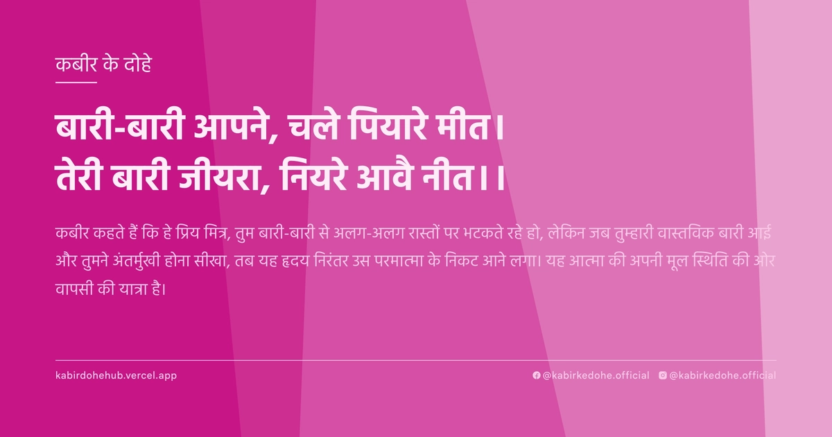 बारी-बारी आपने, चले पियारे मीत। तेरी बारी जीयरा, नियरे आवै नीत।।