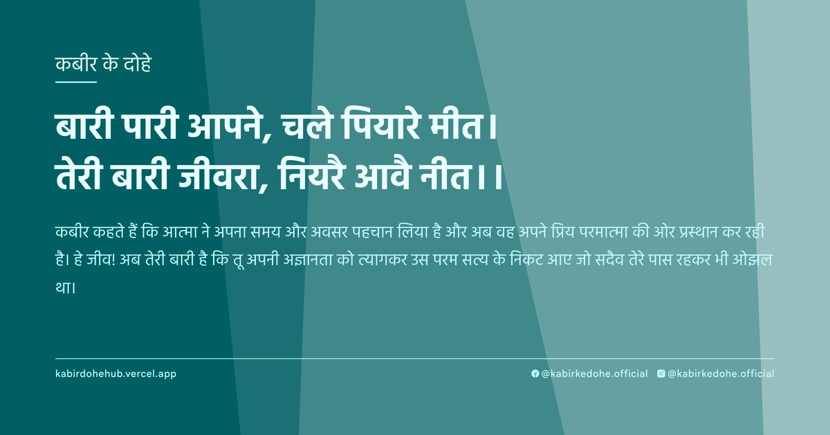 बारी पारी आपने, चले पियारे मीत। तेरी बारी जीवरा, नियरै आवै नीत।।