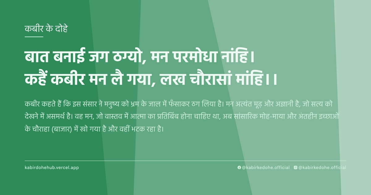 बात बनाई जग ठग्‍यो, मन परमोधा नांहि। कहैं कबीर मन लै गया, लख चौरासां मांहि।।