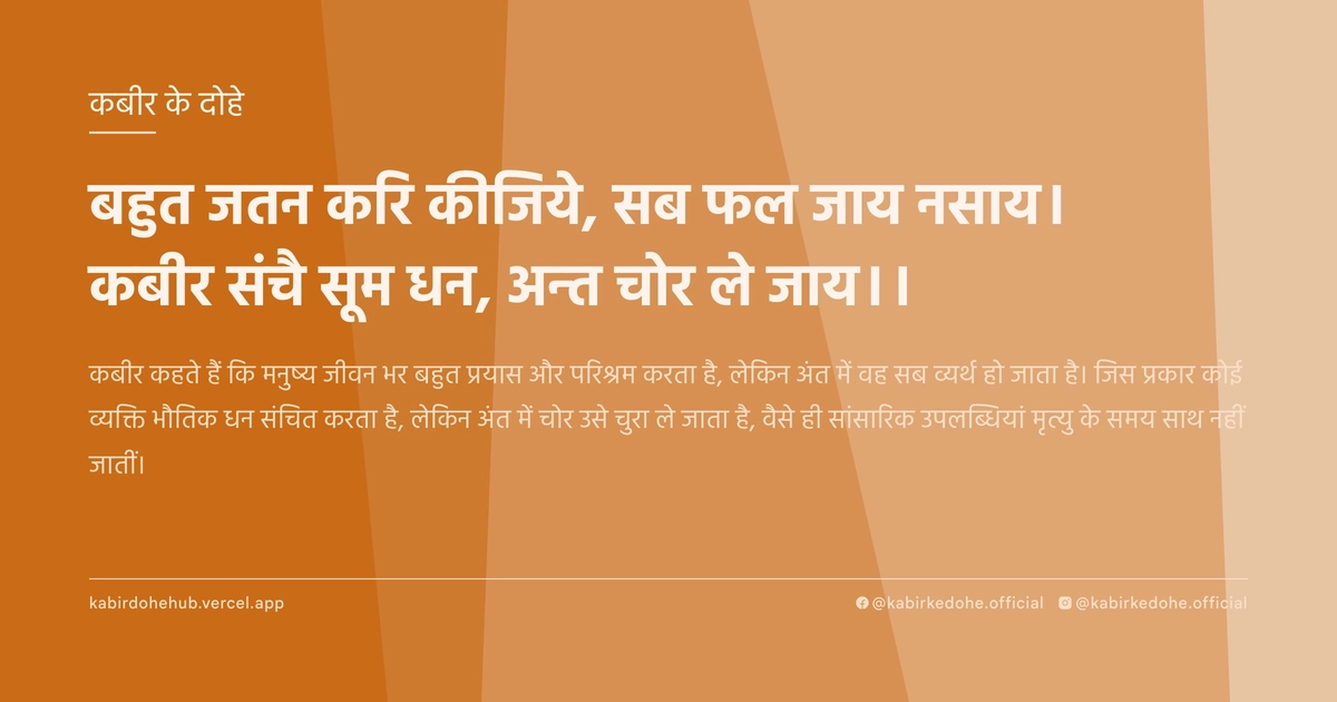 बहुत जतन करि कीजिये, सब फल जाय नसाय। कबीर संचै सूम धन, अन्त चोर ले जाय।।