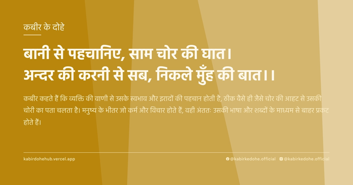 बानी से पहचानिए, साम चोर की घात। अन्दर की करनी से सब, निकले मुँह की बात।।