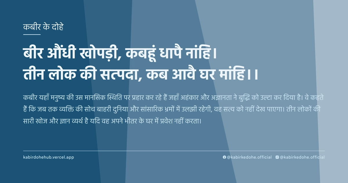 बीर औंधी खोपड़ी, कबहूं धापै नांहि। तीन लोक की सत्‍पदा, कब आवै घर मांहि।।