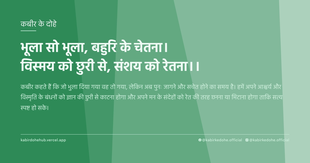 भूला सो भूला, बहुरि के चेतना। विस्‍मय को छुरी से, संशय को रेतना।।