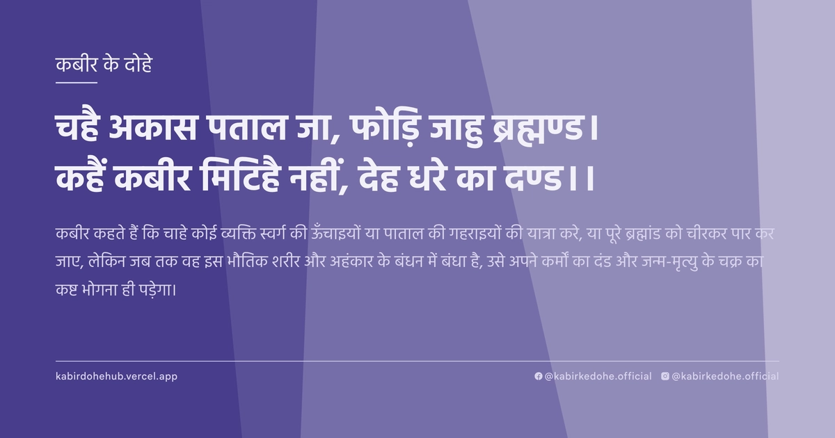 चहै अकास पताल जा, फोड़ि जाहु ब्रह्मण्ड। कहैं कबीर मिटिहै नहीं, देह धरे का दण्ड।।