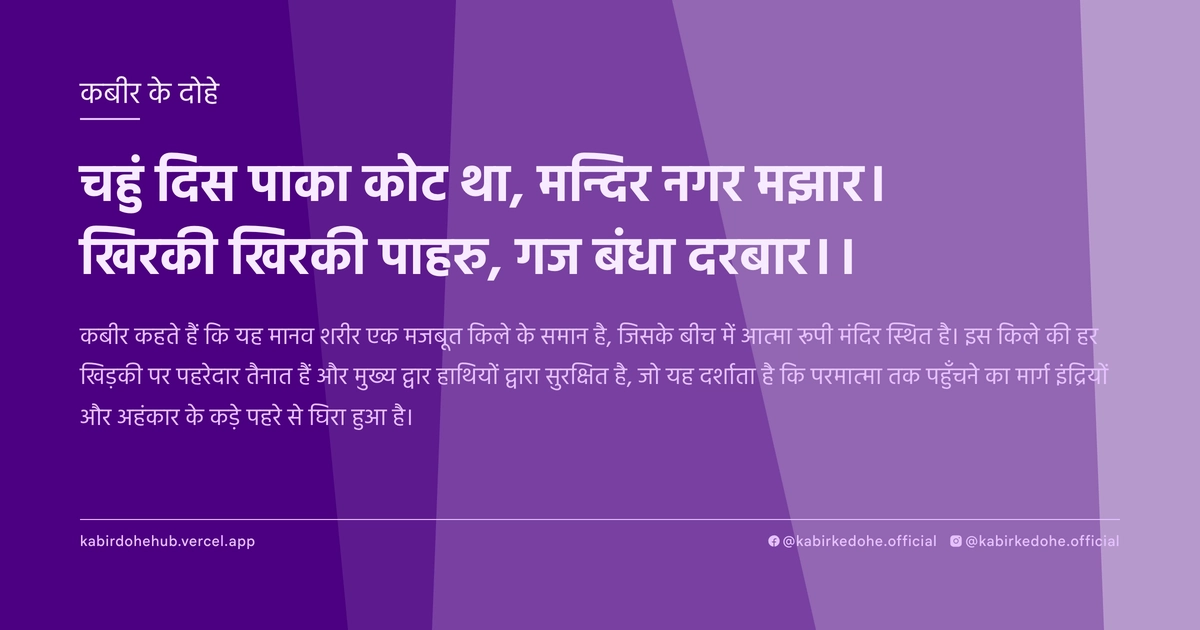 चहुं दिस पाका कोट था, मन्दिर नगर मझार। खिरकी खिरकी पाहरु, गज बंधा दरबार।।