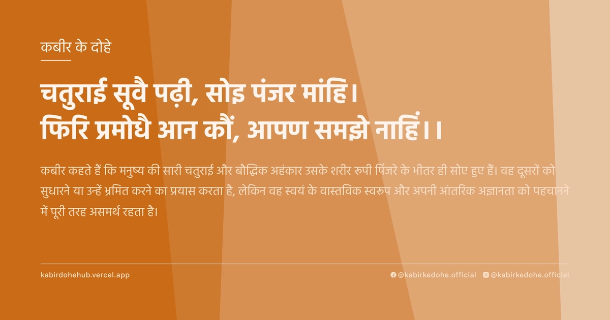 चतुराई सूवै पढ़ी, सोइ पंजर मांहि। फिरि प्रमोधै आन कौं, आपण समझे नाहिं।।