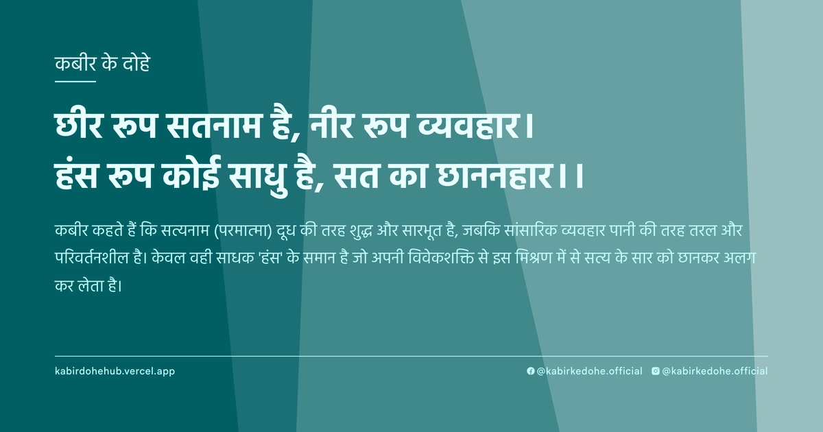 छीर रूप सतनाम है, नीर रूप व्यवहार। हंस रूप कोई साधु है, सत का छाननहार।।