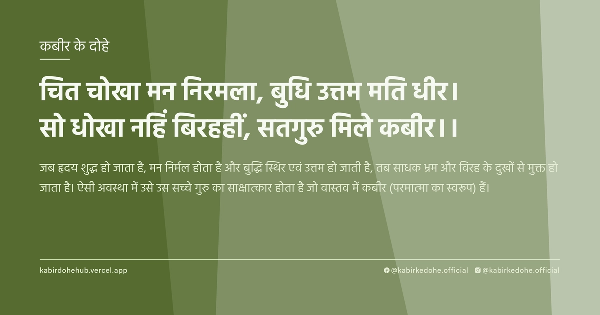 चित चोखा मन निरमला, बुधि उत्तम मति धीर। सो धोखा नहिं बिरहहीं, सतगुरु मिले कबीर।।