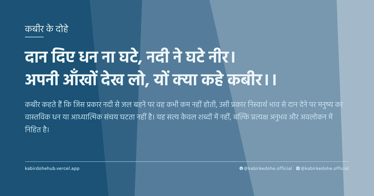 दान दिए धन ना घटे, नदी ने घटे नीर। अपनी आँखों देख लो, यों क्या कहे कबीर।।