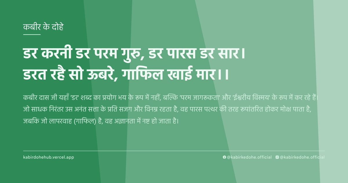 डर करनी डर परम गुरु, डर पारस डर सार। डरत रहै सो ऊबरे, गाफिल खाई मार।।