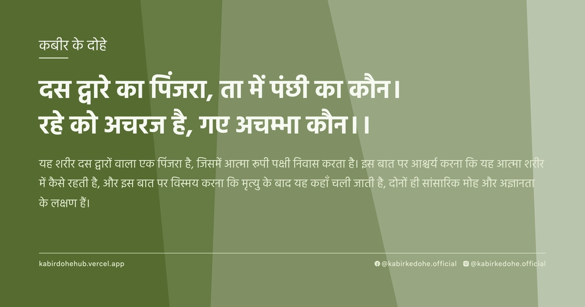 दस द्वारे का पिंजरा, ता में पंछी का कौन। रहे को अचरज है, गए अचम्भा कौन।।
