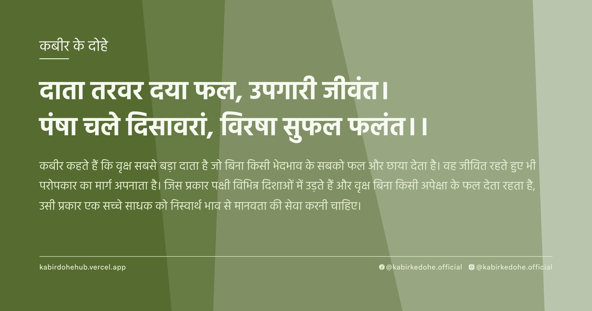 दाता तरवर दया फल, उपगारी जीवंत। पंषा चले दिसावरां, विरषा सुफल फलंत।।