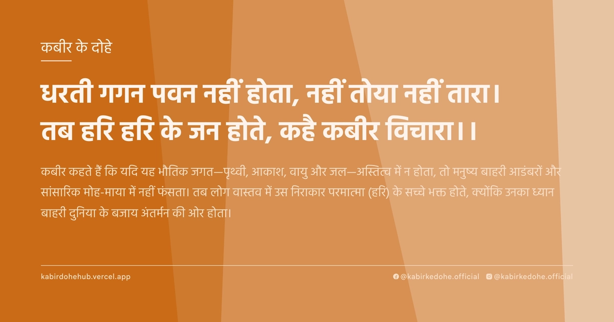 धरती गगन पवन नहीं होता, नहीं तोया नहीं तारा। तब हरि हरि के जन होते, कहै कबीर विचारा।।