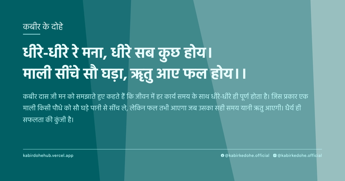 धीरे-धीरे रे मना, धीरे सब कुछ होय। माली सींचे सौ घड़ा, ॠतु आए फल होय।।