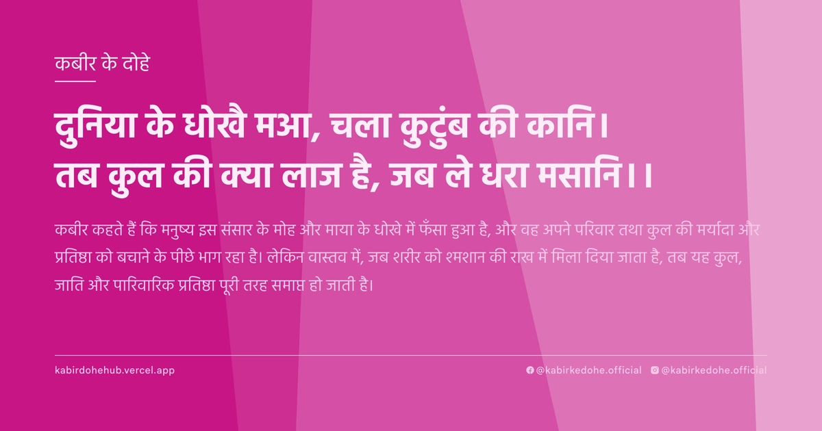 दुनिया के धोखै मआ, चला कुटुंब की कानि। तब कुल की क्या लाज है, जब ले धरा मसानि।।