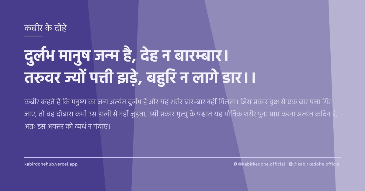 दुर्लभ मानुष जन्म है, देह न बारम्बार। तरुवर ज्यों पत्ती झड़े, बहुरि न लागे डार।।