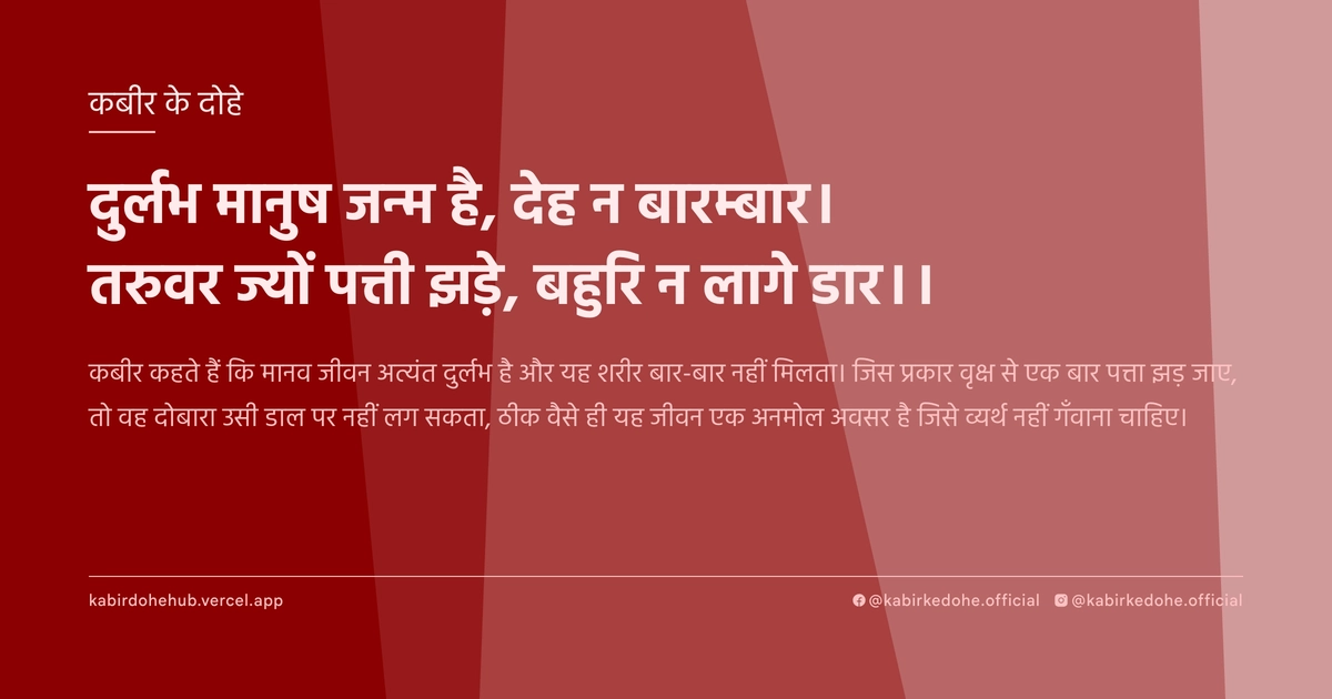 दुर्लभ मानुष जन्म है, देह न बारम्बार। तरुवर ज्यों पत्ती झड़े, बहुरि न लागे डार।।
