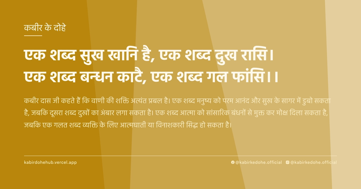 एक शब्‍द सुख खानि है, एक शब्‍द दुख रासि। एक शब्‍द बन्‍धन काटै, एक शब्‍द गल फांसि।।