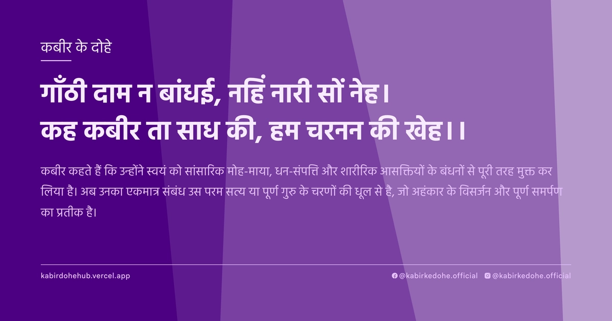 गाँठी दाम न बांधई, नहिं नारी सों नेह। कह कबीर ता साध की, हम चरनन की खेह।।