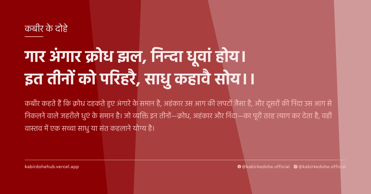 गार अंगार क्रोध झल, निन्‍दा धूवां होय। इत तीनों को परिहरै, साधु कहावै सोय।।