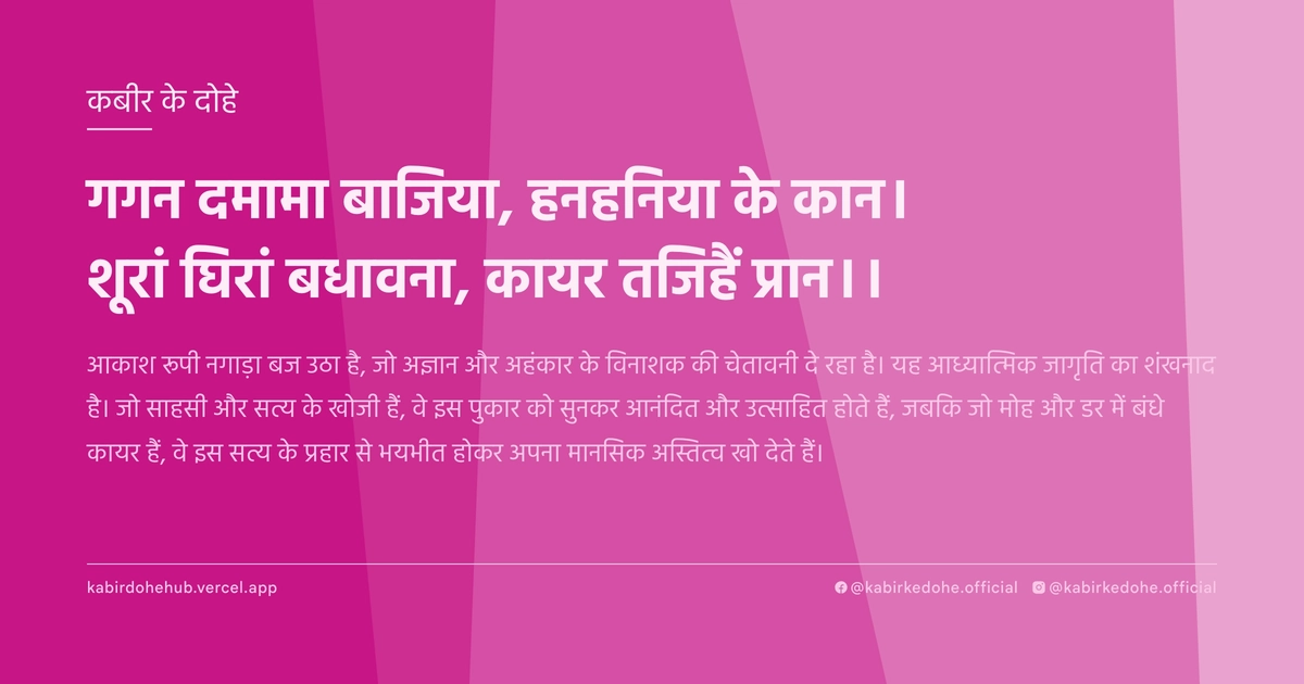 गगन दमामा बाजिया, हनहनिया के कान। शूरां घिरां बधावना, कायर तजिहैं प्रान।।