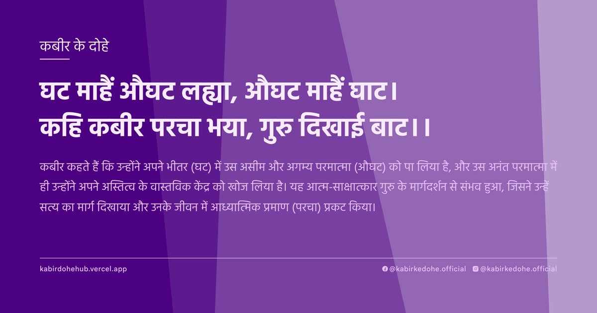 घट माहैं औघट लह्या, औघट माहैं घाट। कहि कबीर परचा भया, गुरु दिखाई बाट।।