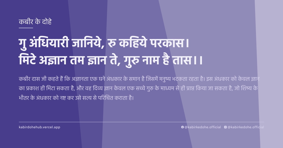 गु अंधियारी जानिये, रु कहिये परकास। मिटे अज्ञान तम ज्ञान ते, गुरु नाम है तास।।