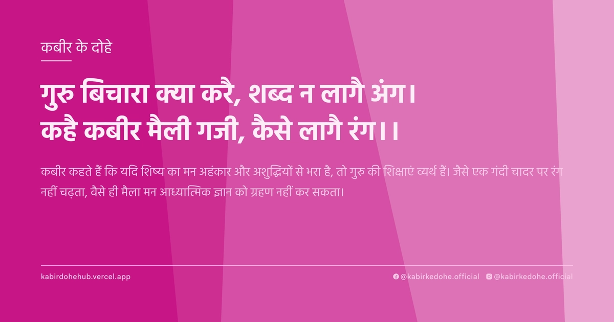 गुरु बिचारा क्या करै, शब्द न लागै अंग। कहै कबीर मैली गजी, कैसे लागै रंग।।