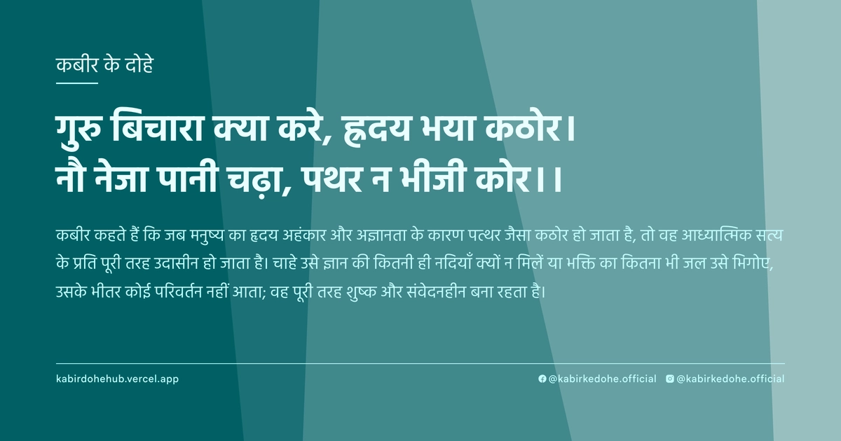गुरु बिचारा क्या करे, ह्रदय भया कठोर। नौ नेजा पानी चढ़ा, पथर न भीजी कोर।।