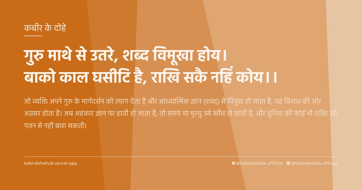गुरु माथे से उतरे, शब्‍द विमूखा होय। बाको काल घसीटि है, राखि सकै नहिं कोय।।