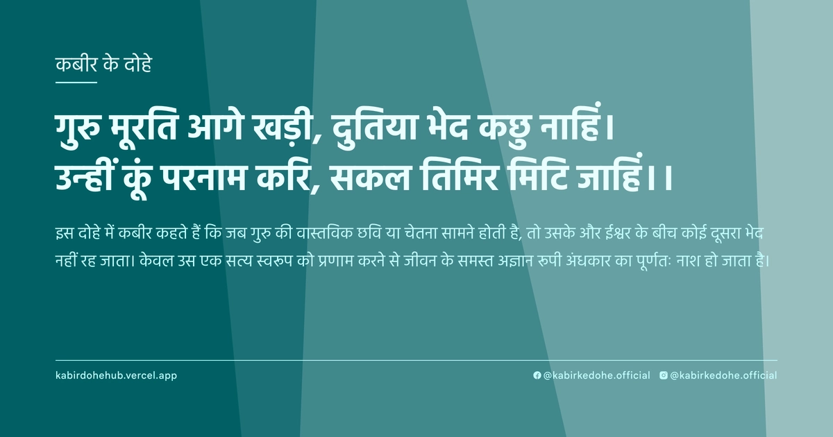 गुरु मूरति आगे खड़ी, दुतिया भेद कछु नाहिं। उन्‍हीं कूं परनाम करि, सकल तिमिर मिटि जाहिं।।