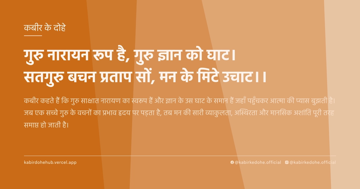 गुरु नारायन रूप है, गुरु ज्ञान को घाट। सतगुरु बचन प्रताप सों, मन के मिटे उचाट।।