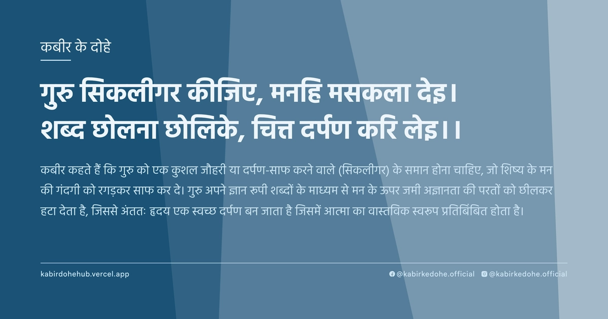 गुरु सिकलीगर कीजिए, मनहि मसकला देइ। शब्द छोलना छोलिके, चित्त दर्पण करि लेइ।।
