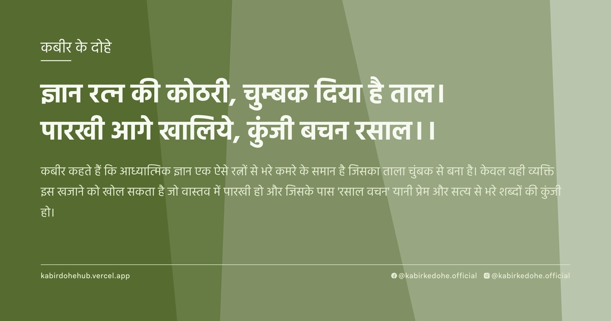 ज्ञान रत्‍न की कोठरी, चुम्‍बक दिया है ताल। पारखी आगे खालिये, कुंजी बचन रसाल।।