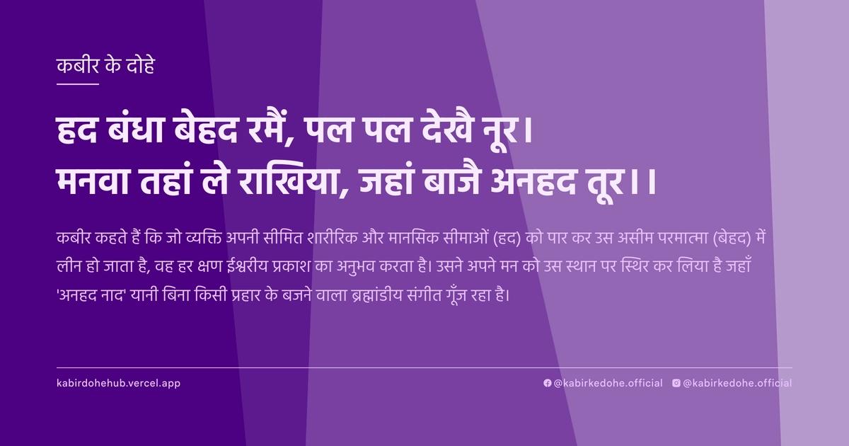 हद बंधा बेहद रमैं, पल पल देखै नूर। मनवा तहां ले राखिया, जहां बाजै अनहद तूर।।