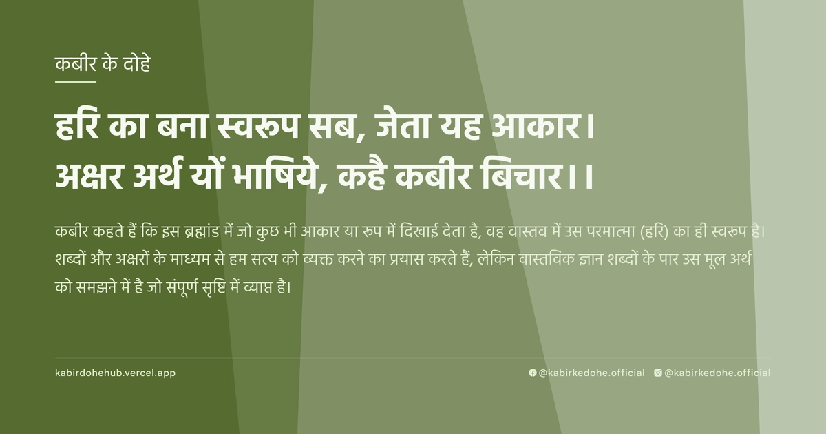 हरि का बना स्वरूप सब, जेता यह आकार। अक्षर अर्थ यों भाषिये, कहै कबीर बिचार।।
