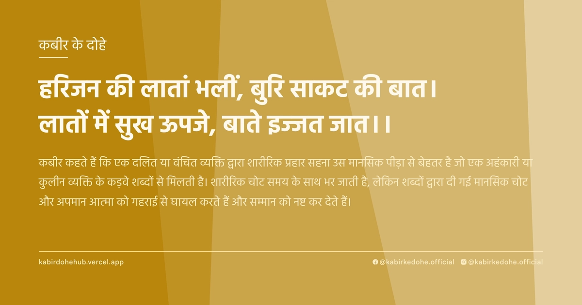 हरिजन की लातां भलीं, बुरि साकट की बात। लातों में सुख ऊपजे, बाते इज्‍जत जात।।